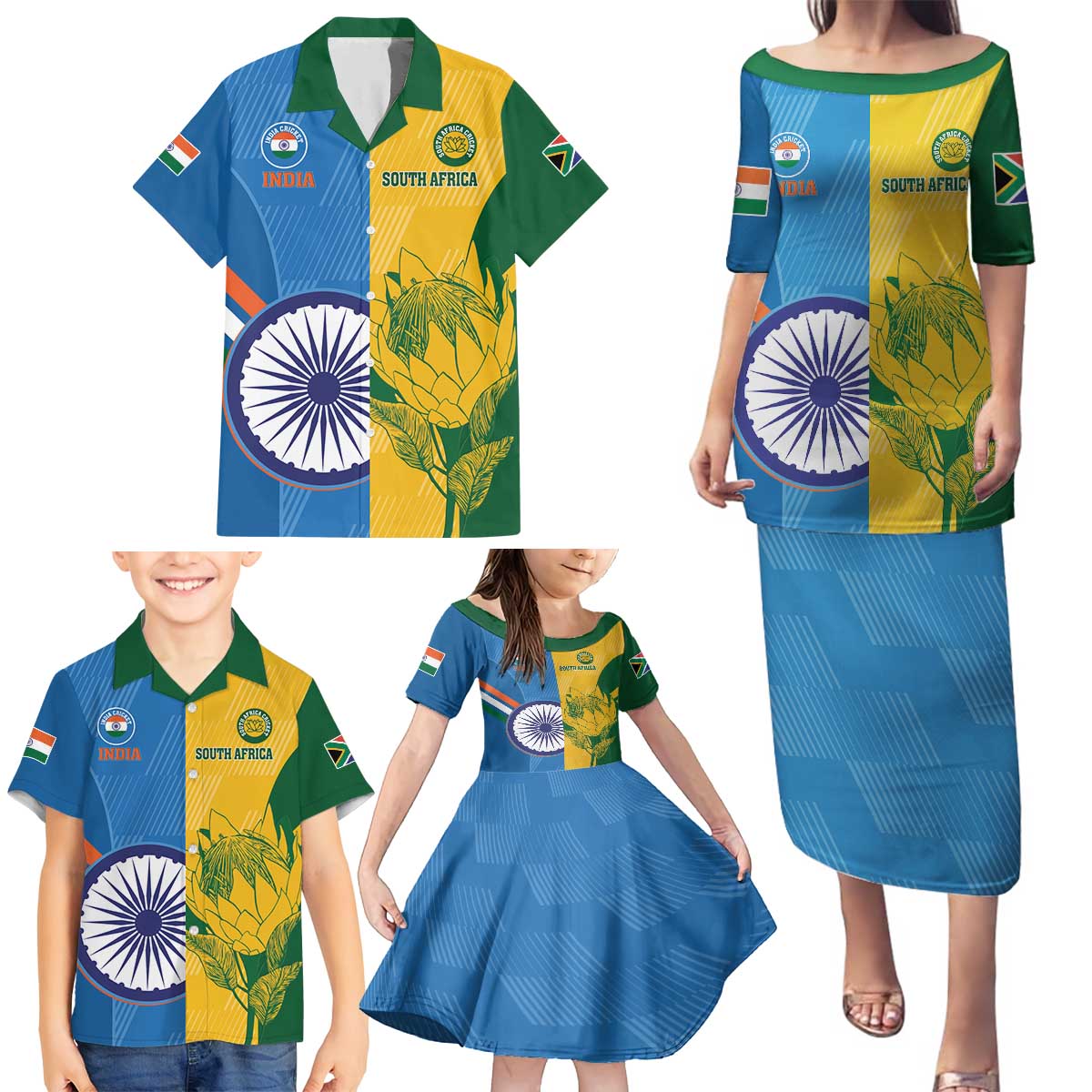 Custom India And South Africa Cricket Family Matching Puletasi and Hawaiian Shirt 2024 Together Dynamic Version - Wonder Print Shop