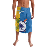 Blue cricket lavalava shorts with India emblem, yellow side panel, and number 14