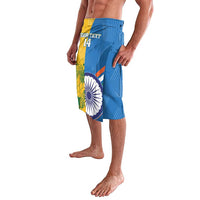 Blue cricket lavalava shorts with side emblem graphic and number 14 on front