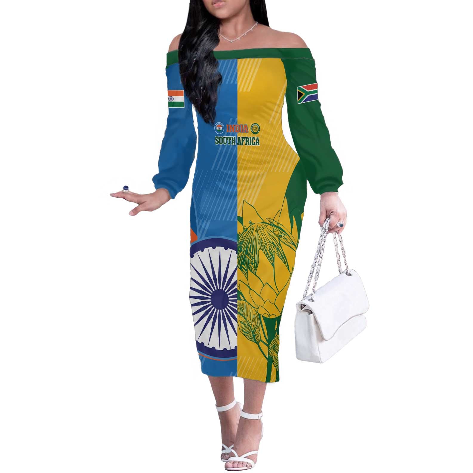 Custom India And South Africa Cricket Off The Shoulder Long Sleeve Dress 2024 Together Dynamic Version - Wonder Print Shop