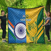Large custom cricket quilt outdoors, featuring India and South Africa flag panels and “YOUR TEXT”