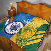 Custom cricket quilt on a bed, India and South Africa flag print with “YOUR TEXT”