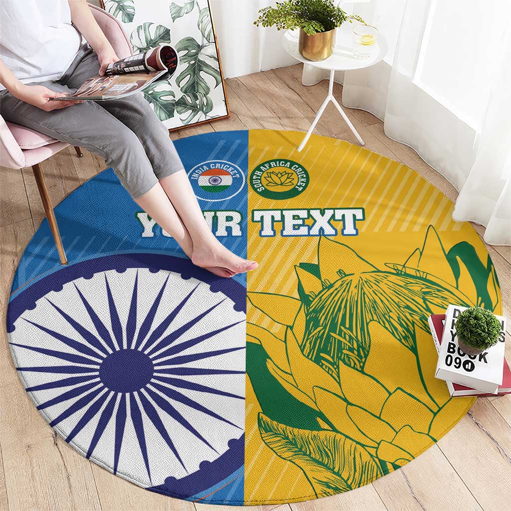 Round blue-and-yellow cricket carpet with India emblem, green jungle graphic, and custom text