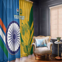 Blue and yellow flag window curtains with green accents and “YOUR TEXT,” hanging beside a chair