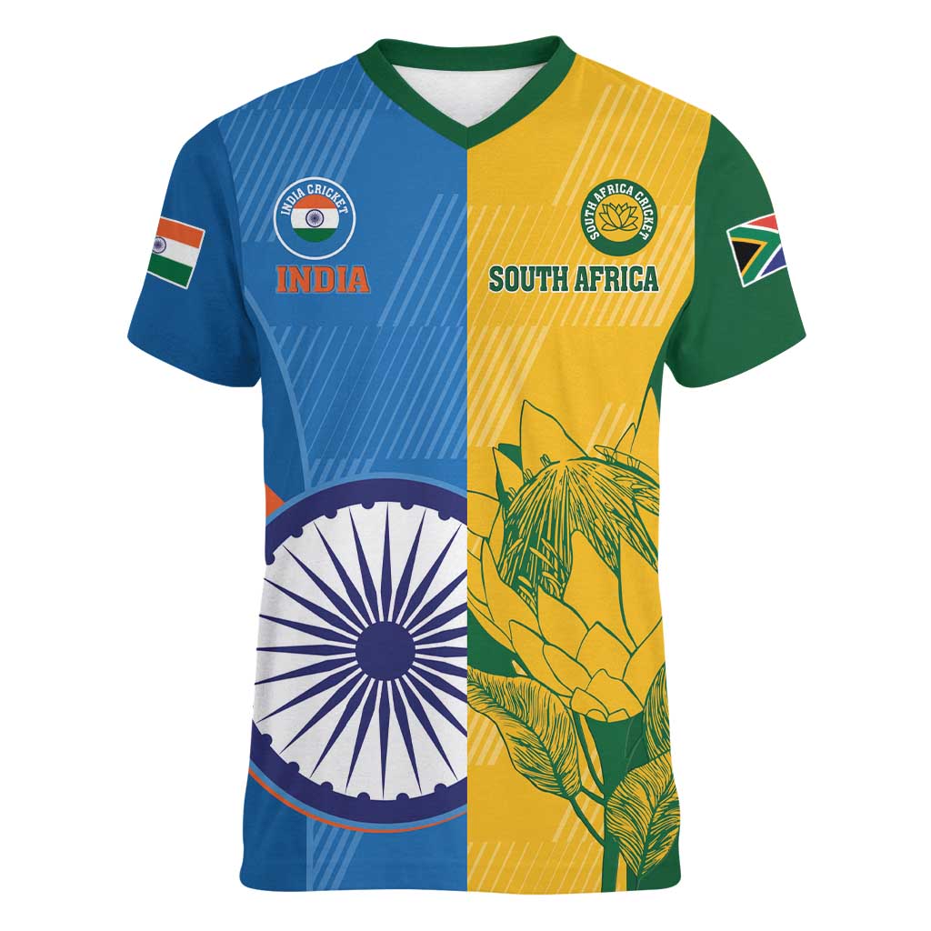 Custom India And South Africa Cricket Women V-Neck T-Shirt 2024 Together Dynamic Version