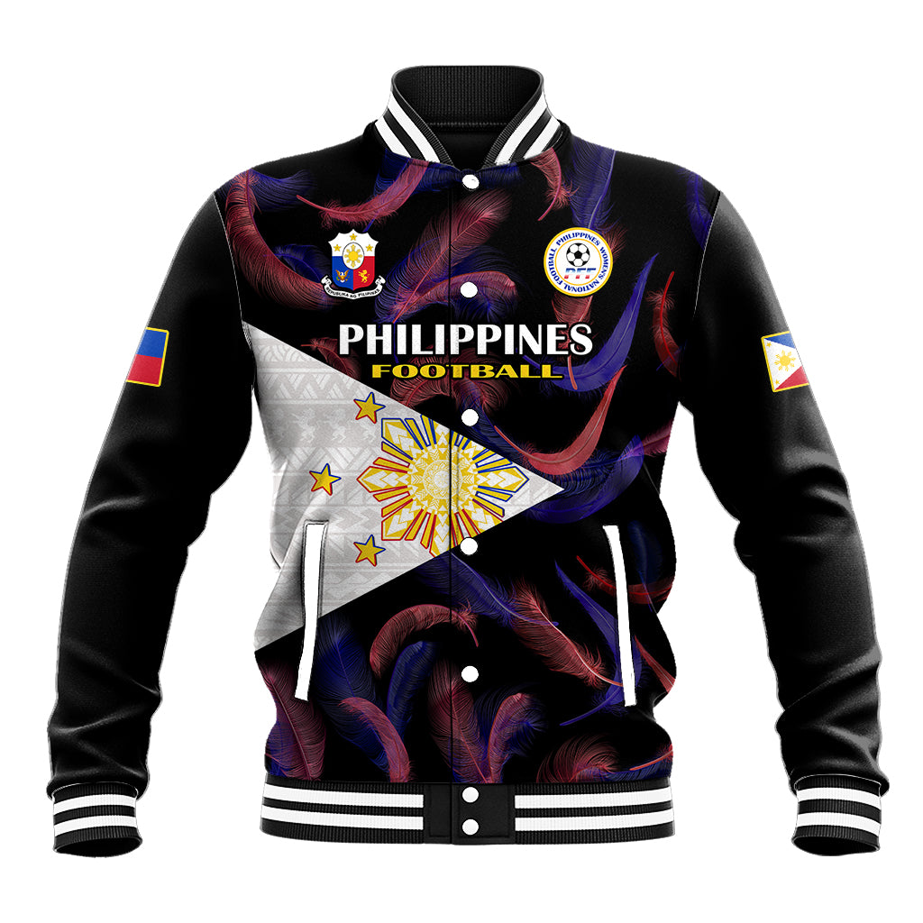 Black baseball jacket with snap front, striped ribbed collar, Philippines Football graphic