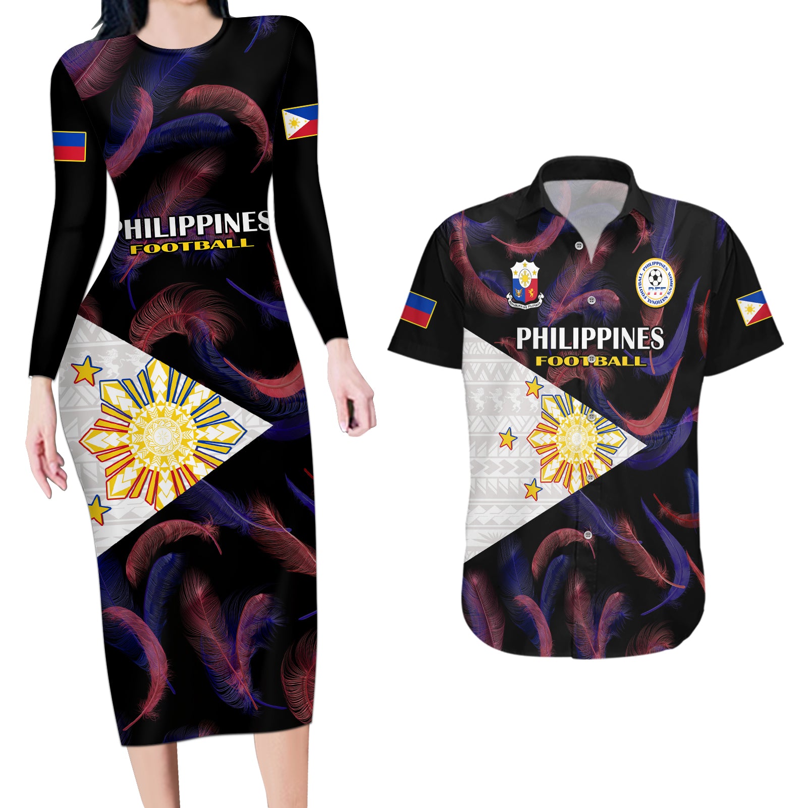 Philippines Football Couples Matching Long Sleeve Bodycon Dress and Hawaiian Shirt 2023 World Cup Go Filipinas Feather Black Version - Wonder Print Shop