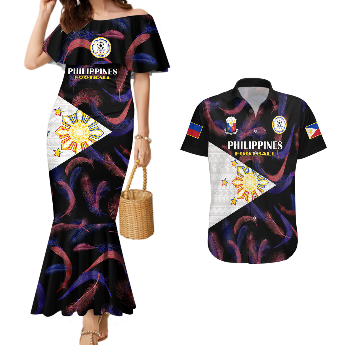 Philippines Football Couples Matching Mermaid Dress And Hawaiian Shirt 2023 World Cup Go Filipinas Feather Black Version - Wonder Print Shop