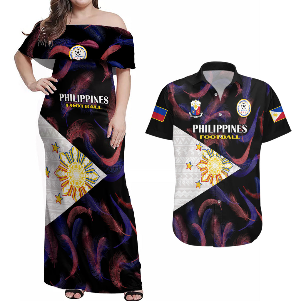 Philippines Football Couples Matching Off Shoulder Maxi Dress and Hawaiian Shirt 2023 World Cup Go Filipinas Feather Black Version - Wonder Print Shop