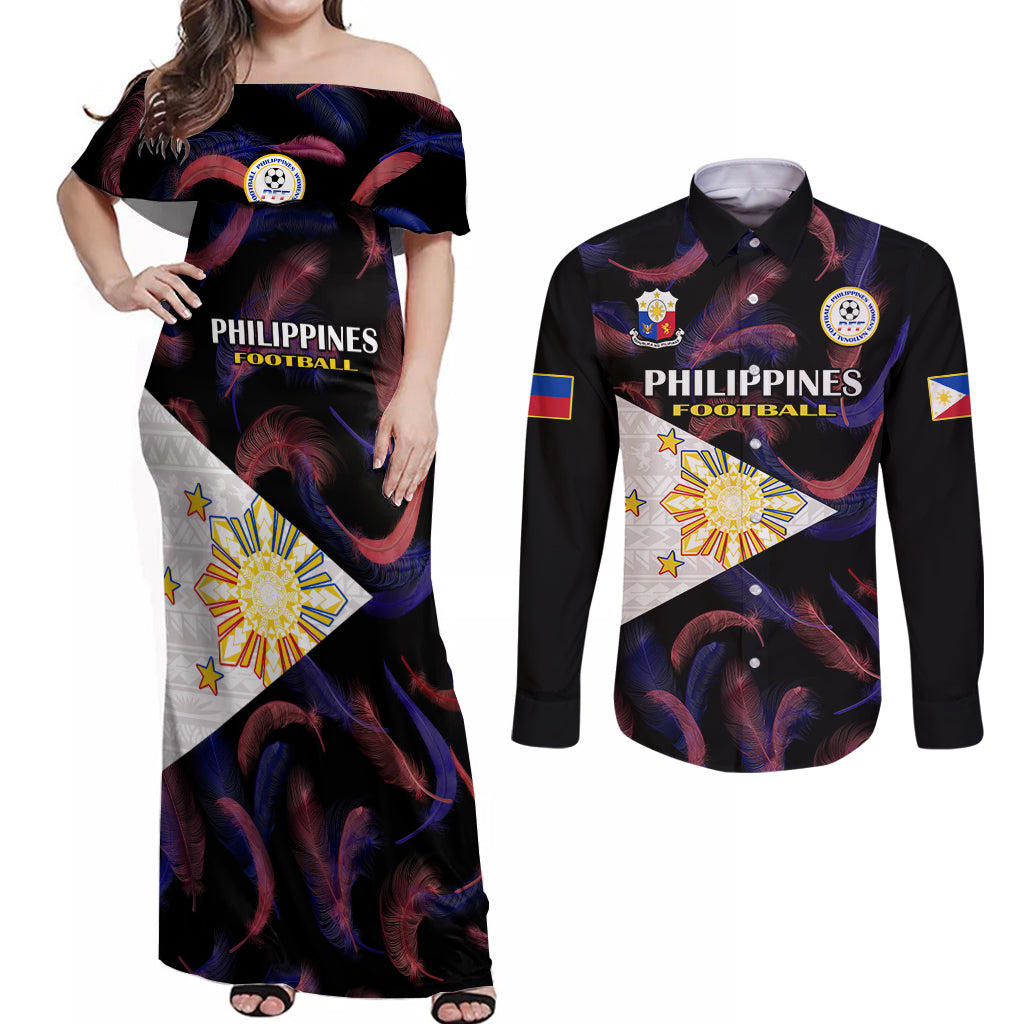 Philippines Football Couples Matching Off Shoulder Maxi Dress and Long Sleeve Button Shirts 2023 World Cup Go Filipinas Feather Black Version - Wonder Print Shop