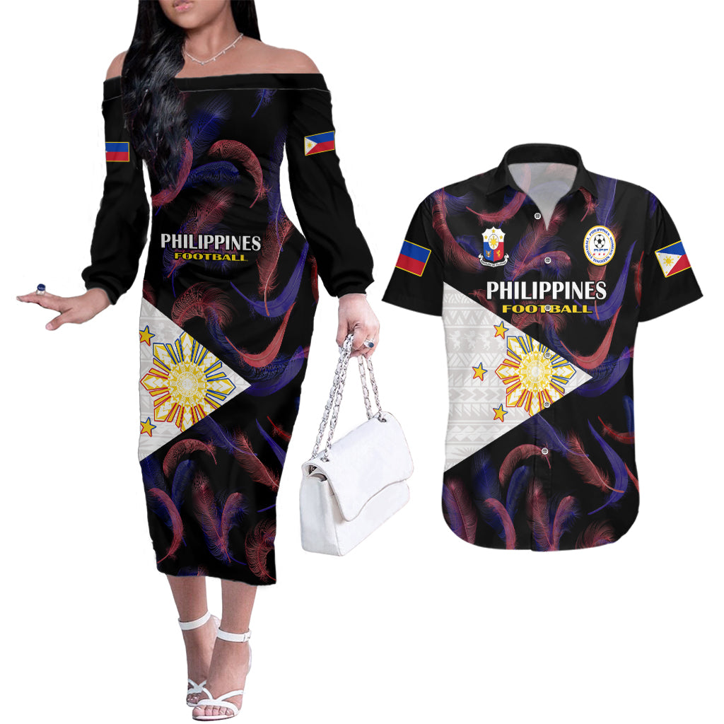 Philippines Football Couples Matching Off The Shoulder Long Sleeve Dress and Hawaiian Shirt 2023 World Cup Go Filipinas Feather Black Version - Wonder Print Shop