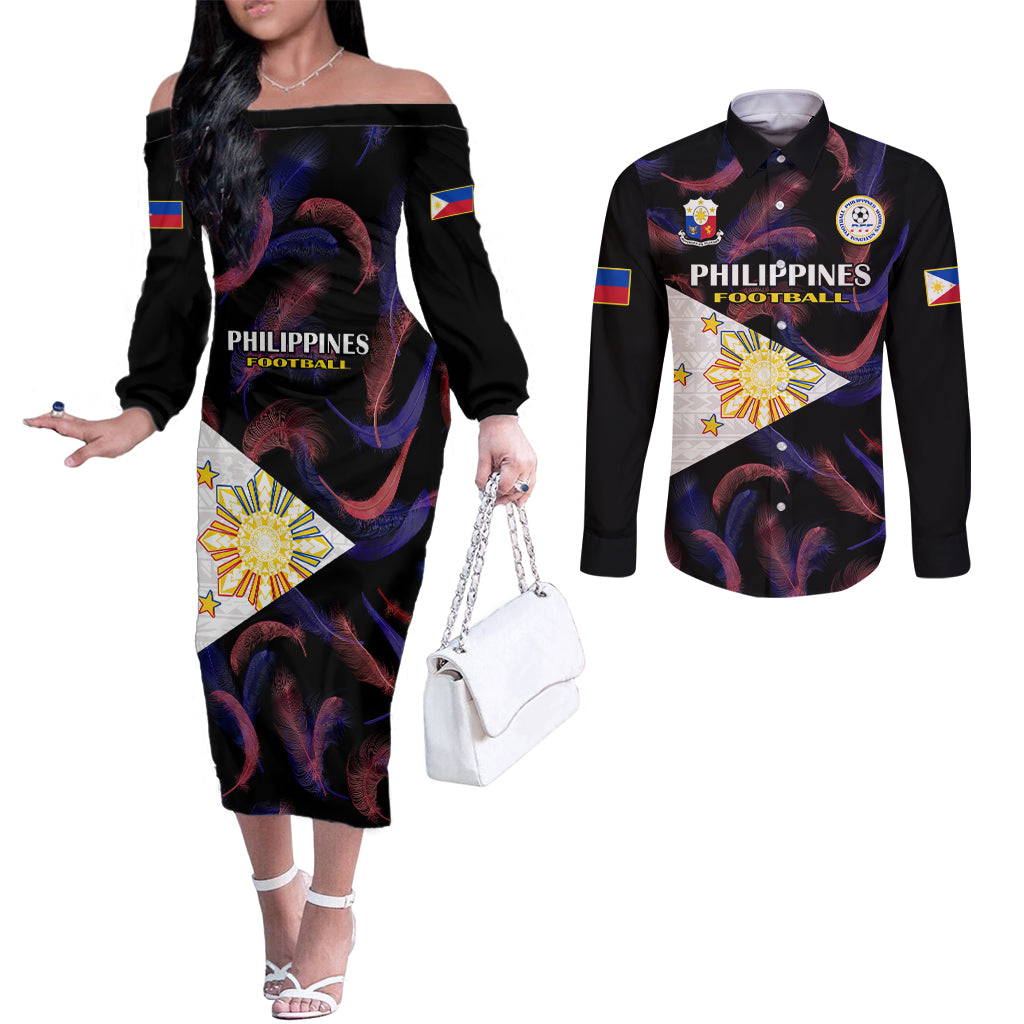 philippines-football-couples-matching-off-the-shoulder-long-sleeve-dress-and-long-sleeve-button-shirts-2023-world-cup-go-filipinas-feather-black-version