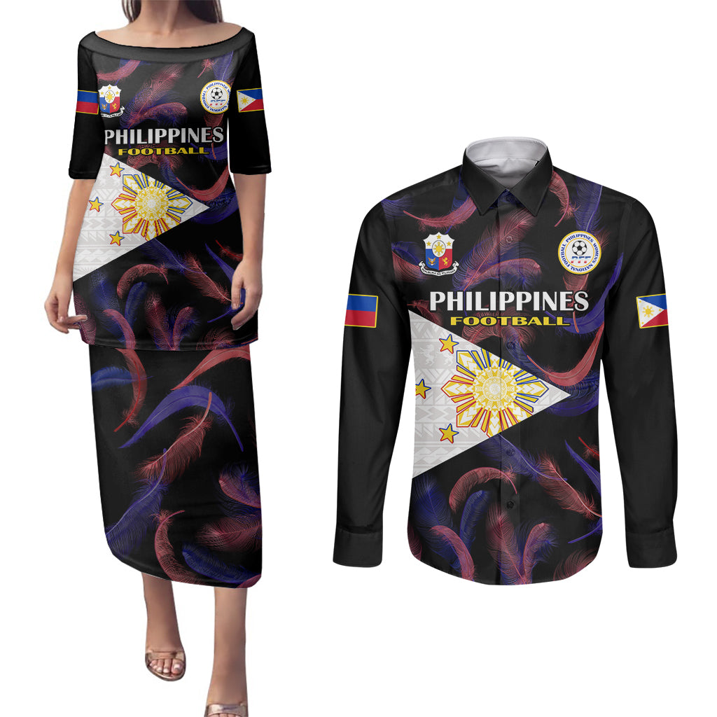 Philippines Football Couples Matching Puletasi Dress and Long Sleeve Button Shirts 2023 World Cup Go Filipinas Feather Black Version - Wonder Print Shop