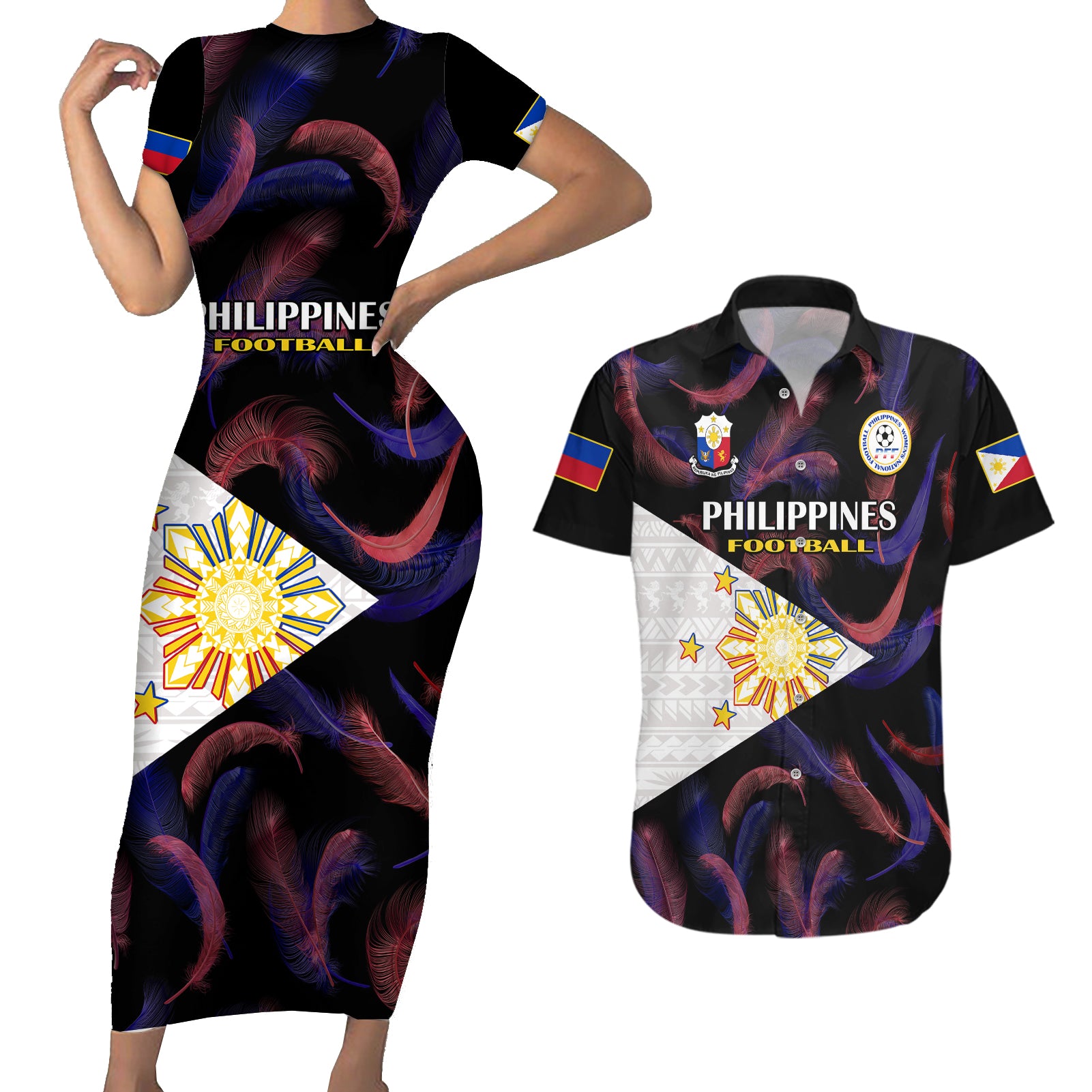 Philippines Football Couples Matching Short Sleeve Bodycon Dress and Hawaiian Shirt 2023 World Cup Go Filipinas Feather Black Version - Wonder Print Shop