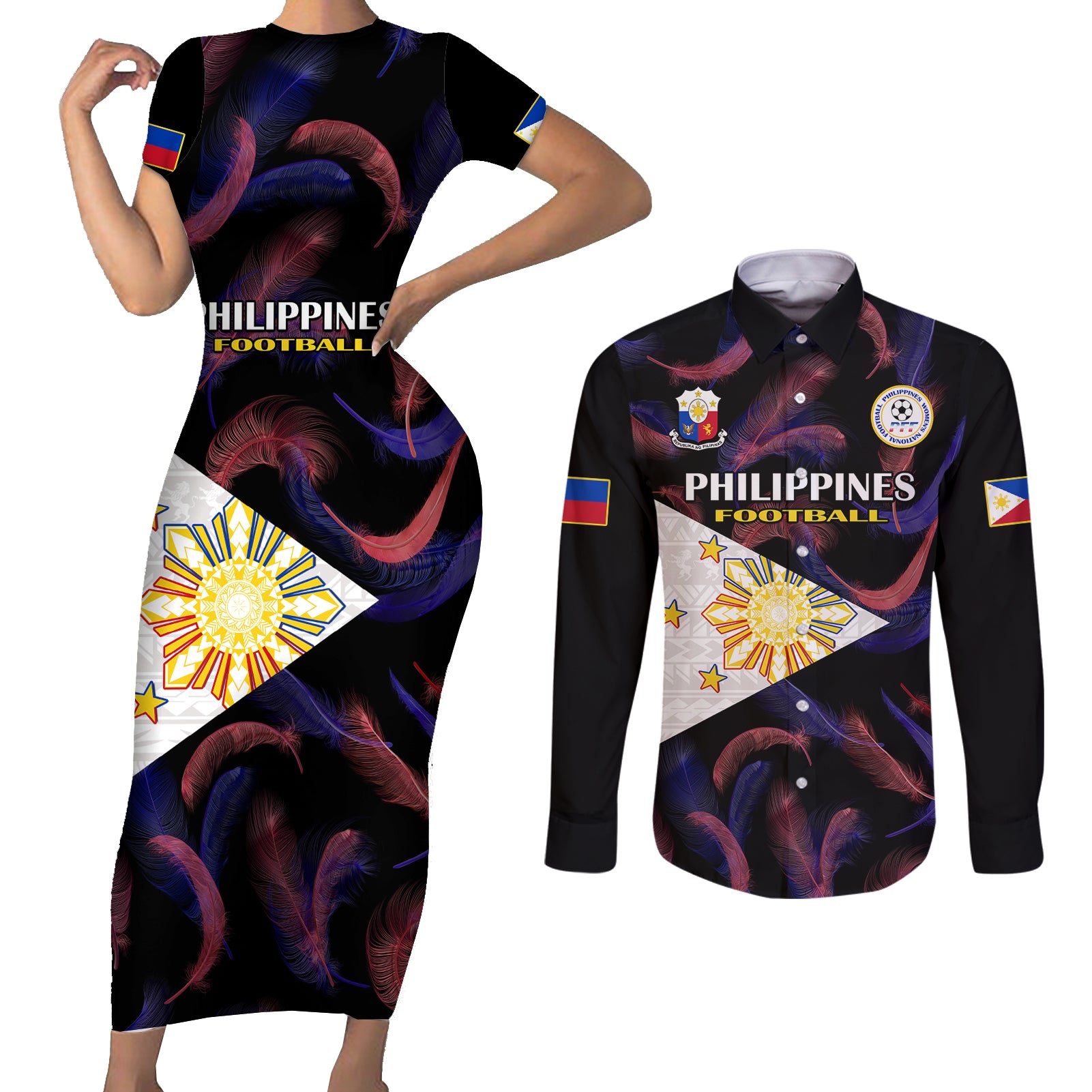 Philippines Football Couples Matching Short Sleeve Bodycon Dress and Long Sleeve Button Shirts 2023 World Cup Go Filipinas Feather Black Version - Wonder Print Shop