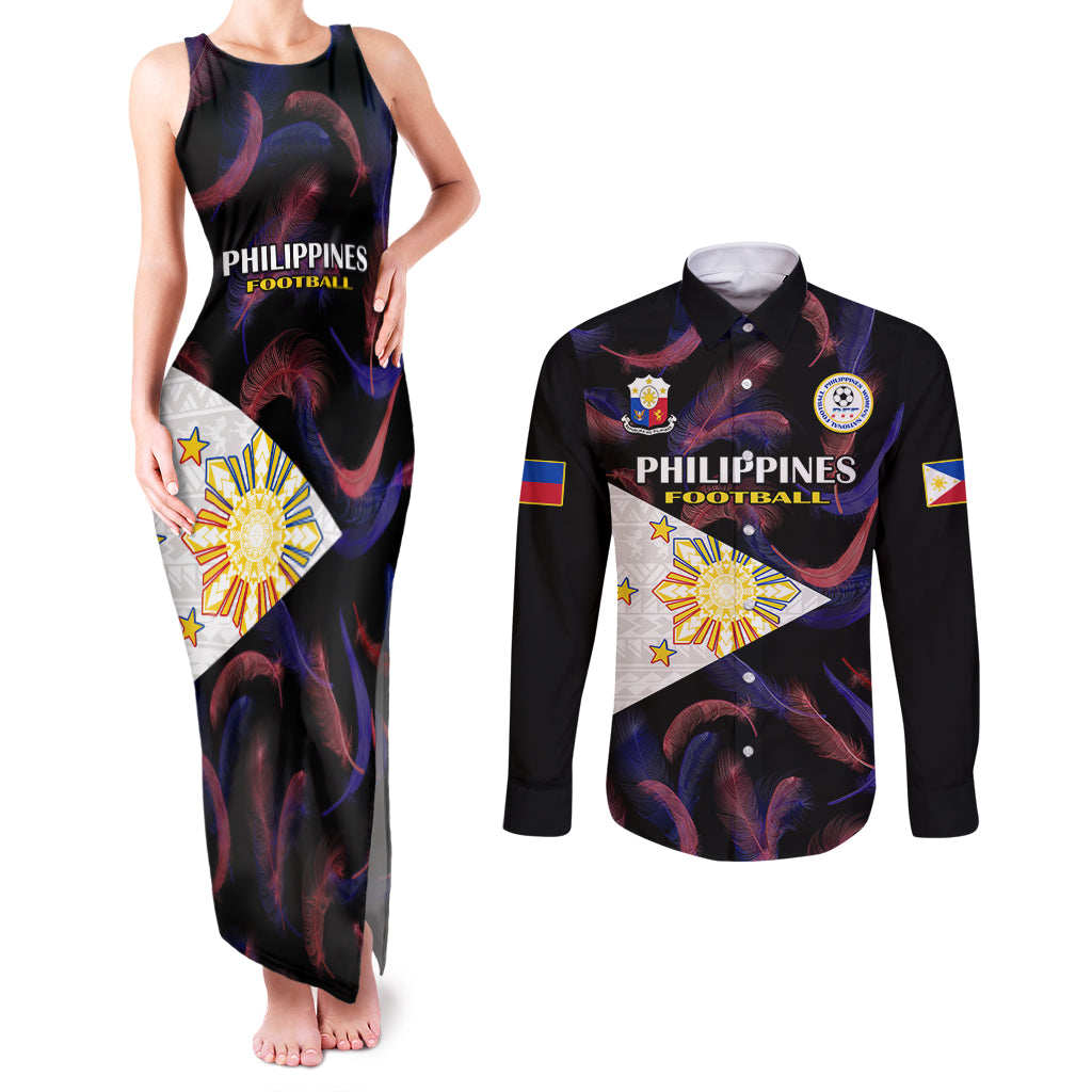 Philippines Football Couples Matching Tank Maxi Dress and Long Sleeve Button Shirts 2023 World Cup Go Filipinas Feather Black Version - Wonder Print Shop