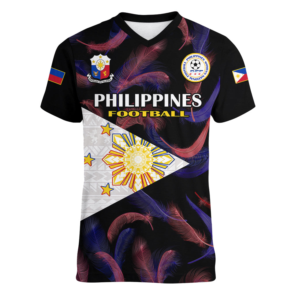 Philippines Football Women V Neck T Shirt 2023 World Cup Go Filipinas Feather Black Version - Wonder Print Shop