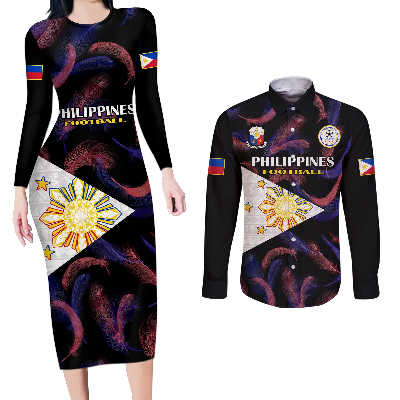 Custom Philippines Football Couples Matching Long Sleeve Bodycon Dress and Long Sleeve Button Shirts 2023 World Cup Go Filipinas Feather Black Version - Wonder Print Shop