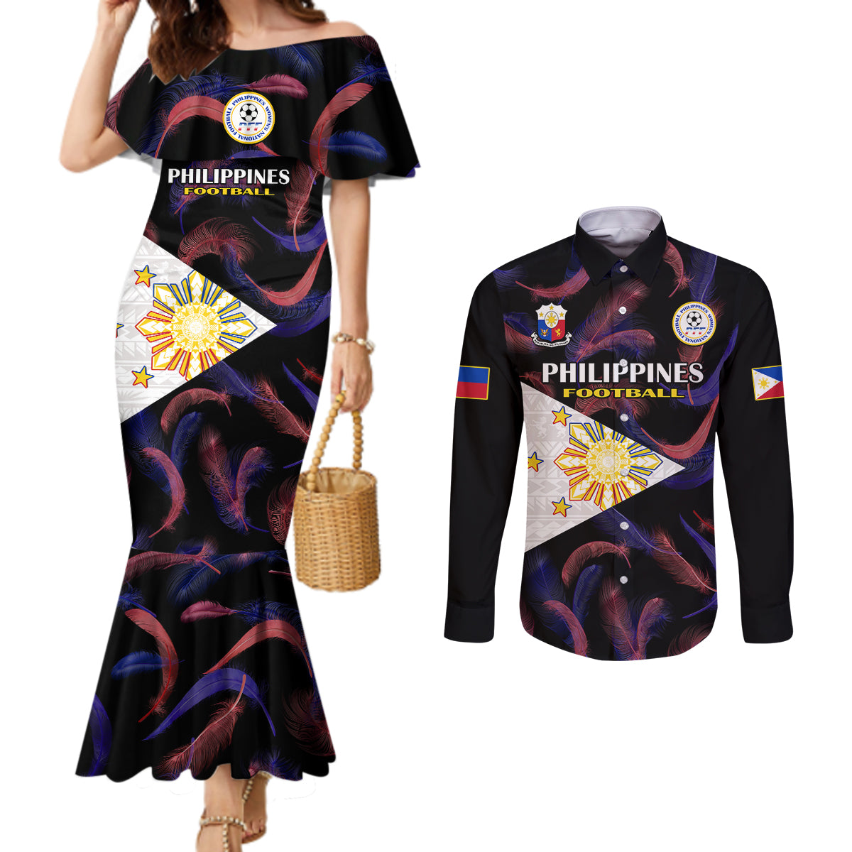 custom-philippines-football-couples-matching-mermaid-dress-and-long-sleeve-button-shirts-2023-world-cup-go-filipinas-feather-black-version