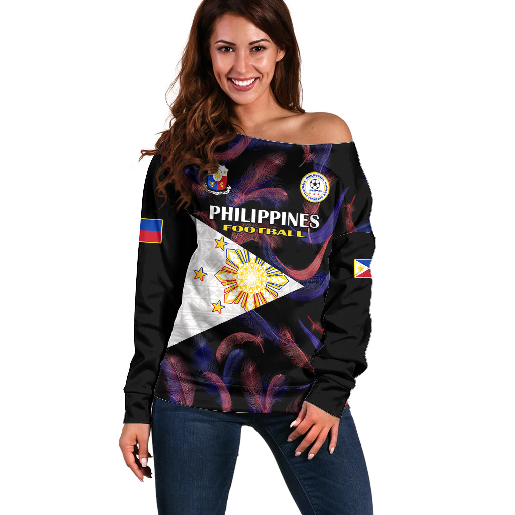 Custom Philippines Football Off Shoulder Sweater 2023 World Cup Go Filipinas Feather Black Version - Wonder Print Shop