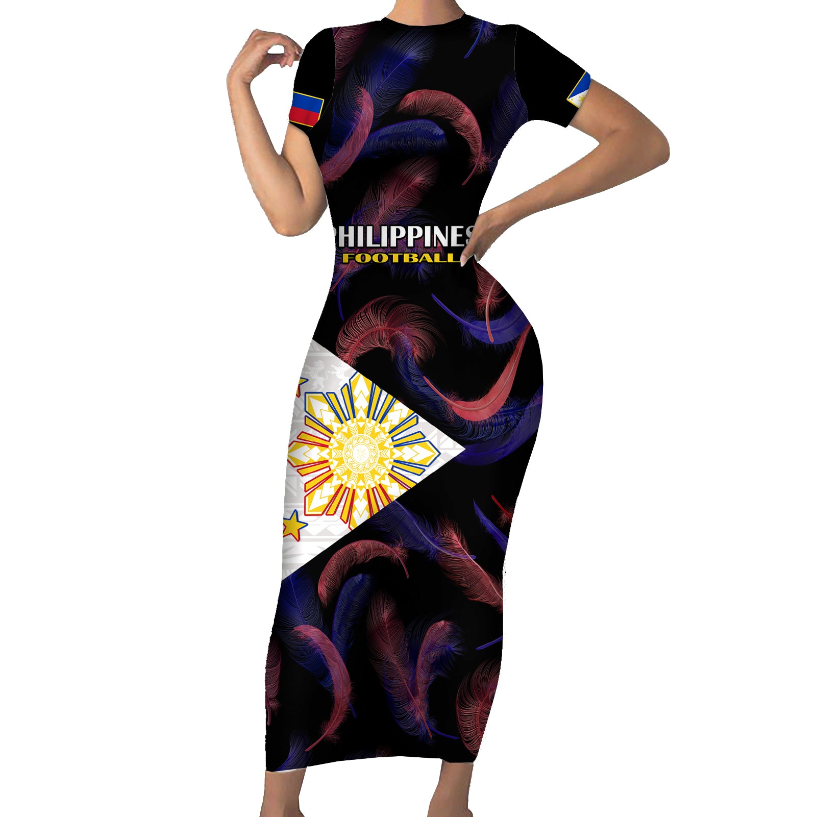 Custom Philippines Football Short Sleeve Bodycon Dress 2023 World Cup Go Filipinas Feather Black Version - Wonder Print Shop