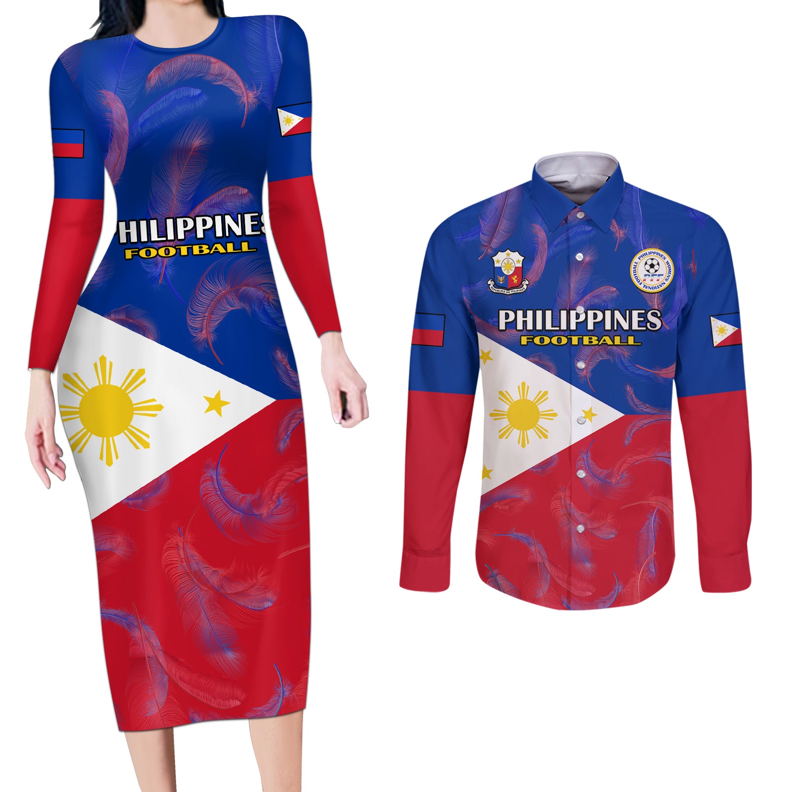 Philippines Football Couples Matching Long Sleeve Bodycon Dress and Long Sleeve Button Shirts 2023 World Cup Go Filipinas Feather Flag Version - Wonder Print Shop