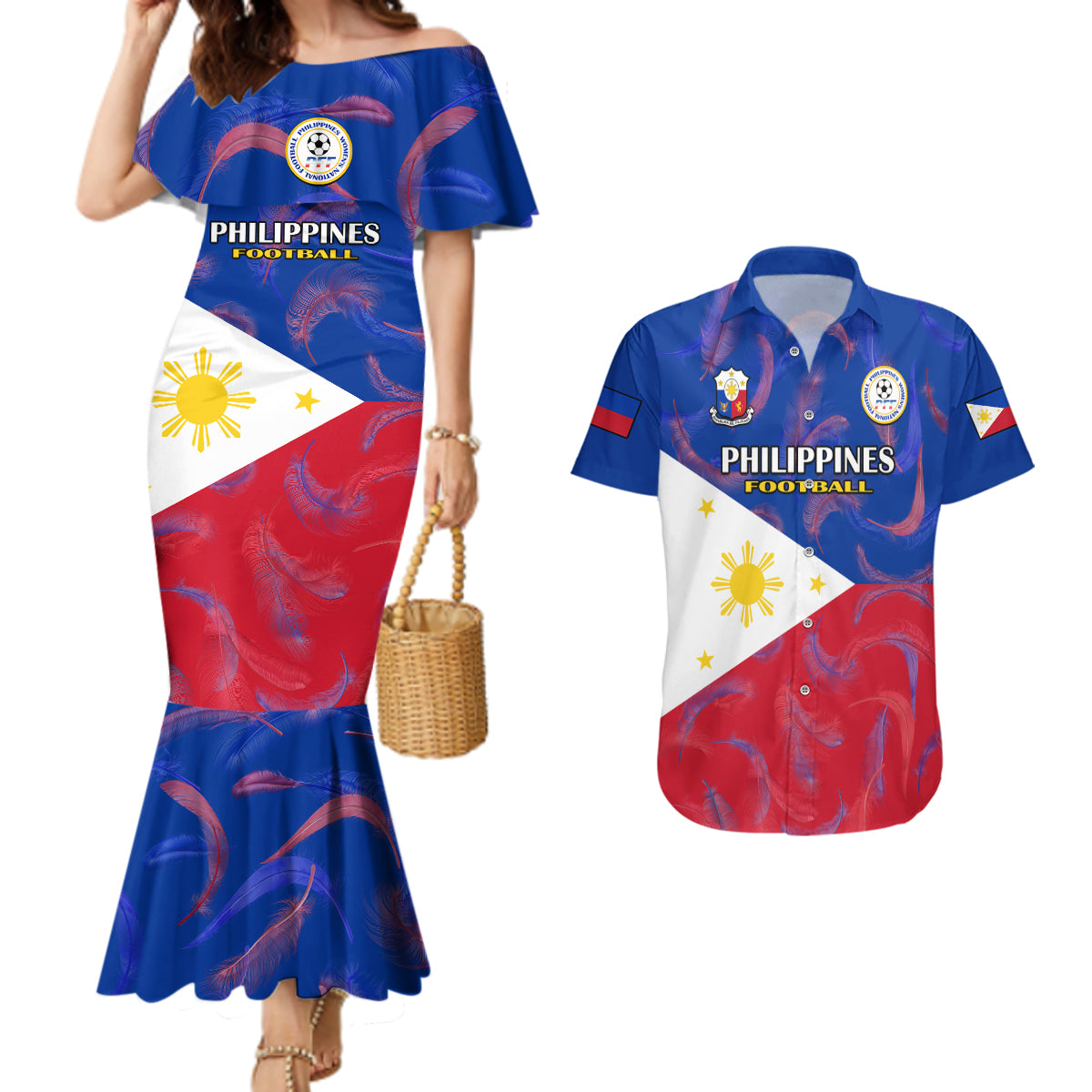 Philippines Football Couples Matching Mermaid Dress And Hawaiian Shirt 2023 World Cup Go Filipinas Feather Flag Version - Wonder Print Shop