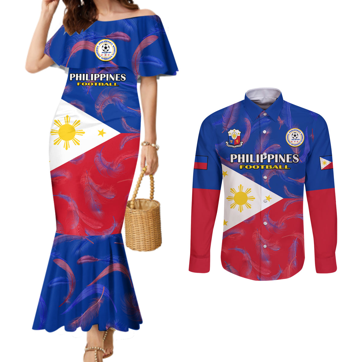 philippines-football-couples-matching-mermaid-dress-and-long-sleeve-button-shirts-2023-world-cup-go-filipinas-feather-flag-version