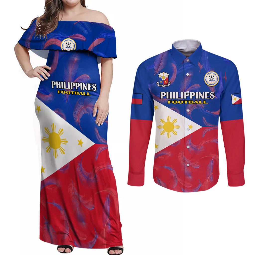 philippines-football-couples-matching-off-shoulder-maxi-dress-and-long-sleeve-button-shirts-2023-world-cup-go-filipinas-feather-flag-version