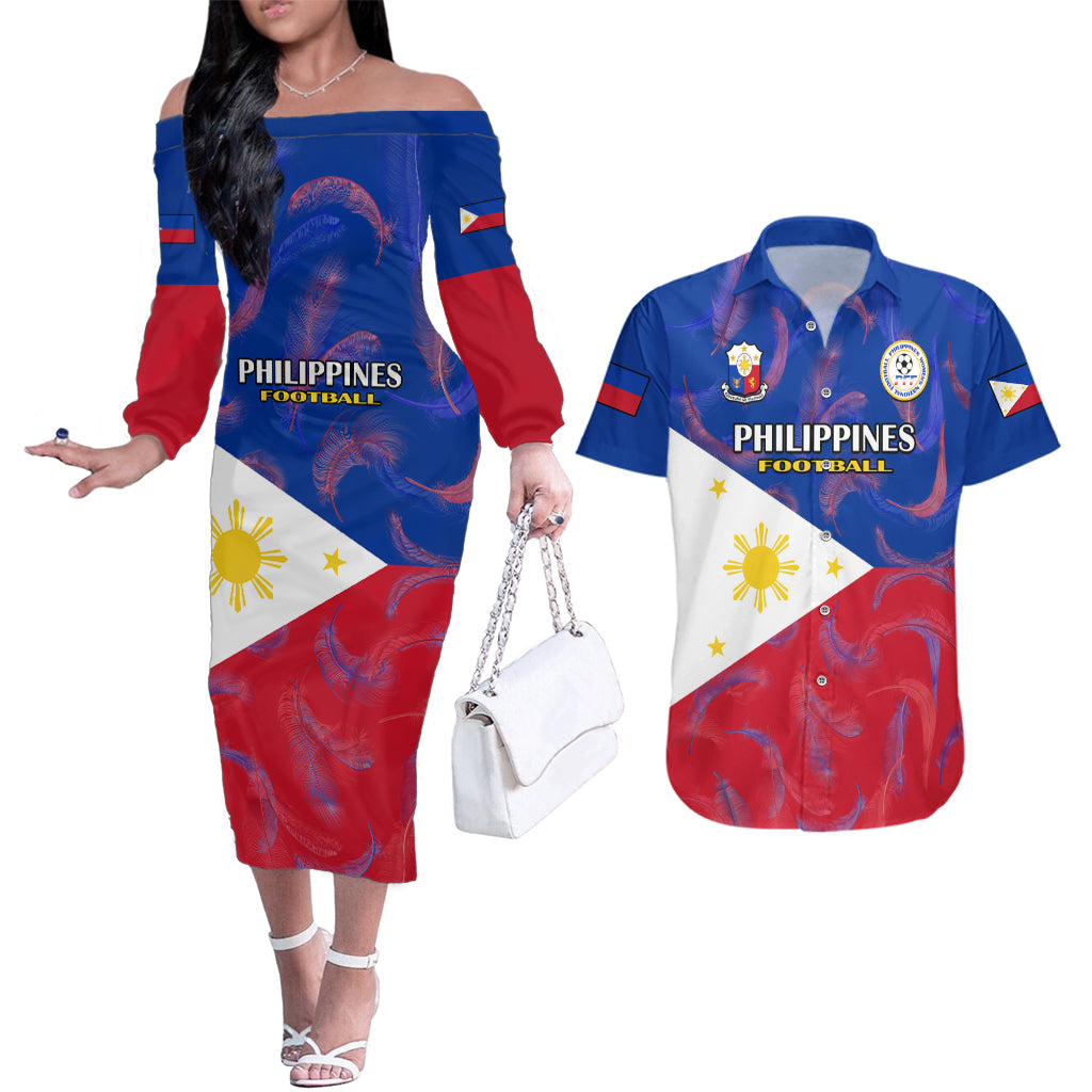 Philippines Football Couples Matching Off The Shoulder Long Sleeve Dress and Hawaiian Shirt 2023 World Cup Go Filipinas Feather Flag Version - Wonder Print Shop