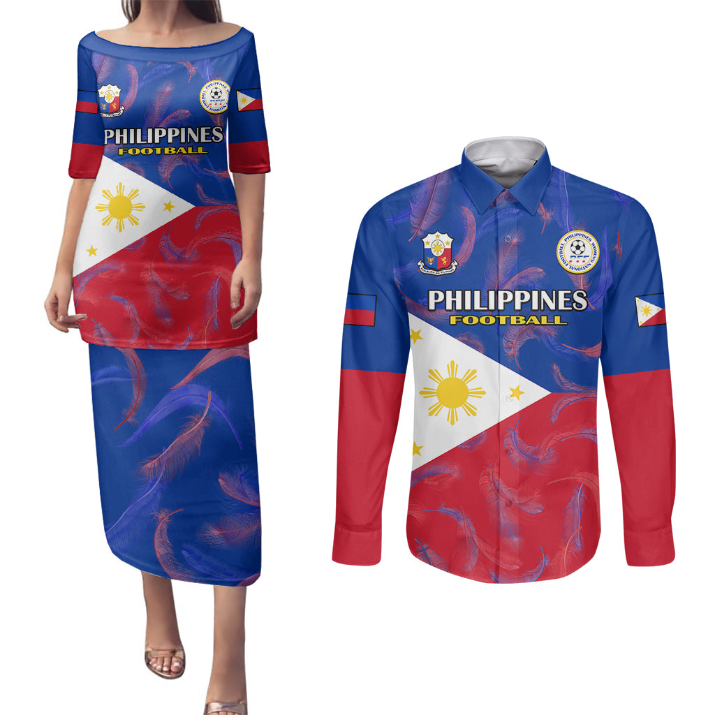 Philippines Football Couples Matching Puletasi Dress and Long Sleeve Button Shirts 2023 World Cup Go Filipinas Feather Flag Version - Wonder Print Shop