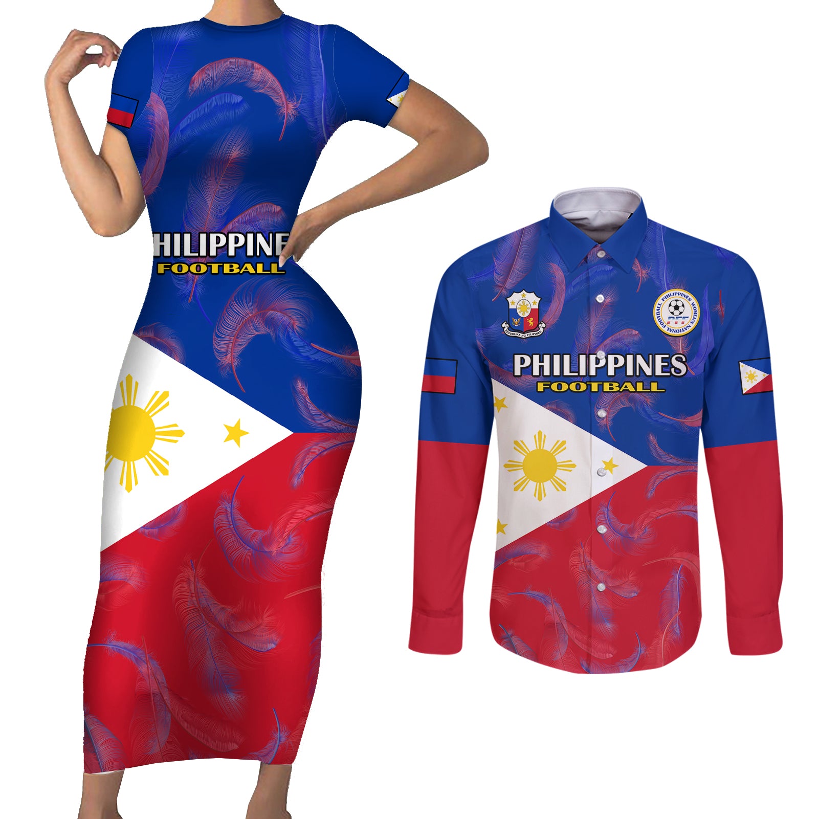 Philippines Football Couples Matching Short Sleeve Bodycon Dress and Long Sleeve Button Shirts 2023 World Cup Go Filipinas Feather Flag Version - Wonder Print Shop