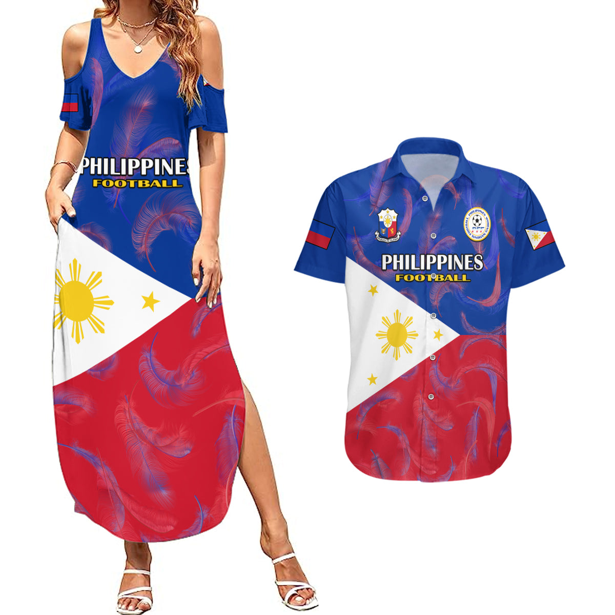 Philippines Football Couples Matching Summer Maxi Dress and Hawaiian Shirt 2023 World Cup Go Filipinas Feather Flag Version - Wonder Print Shop