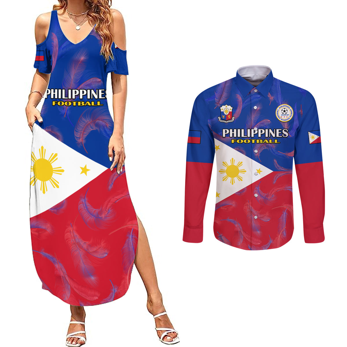 Philippines Football Couples Matching Summer Maxi Dress and Long Sleeve Button Shirts 2023 World Cup Go Filipinas Feather Flag Version - Wonder Print Shop