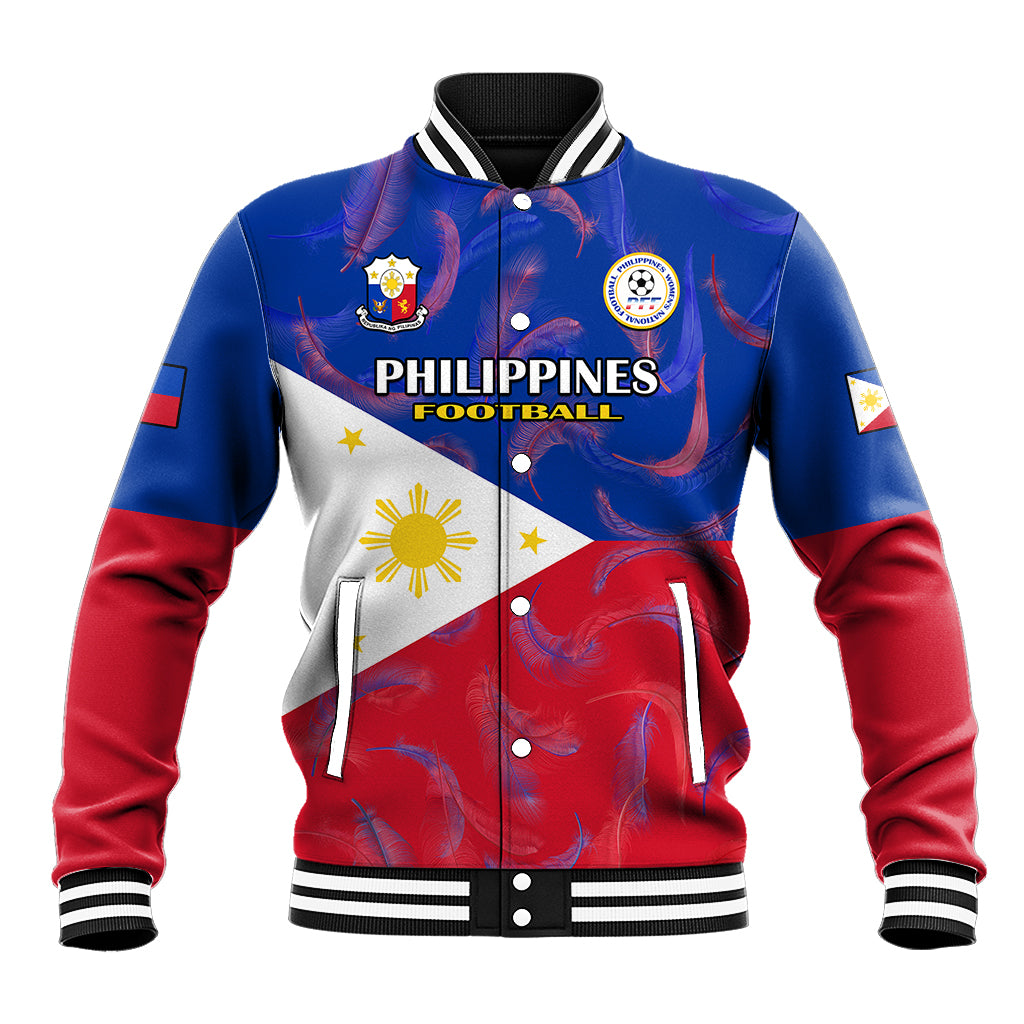 Blue baseball jacket with red sleeves, Philippines crest, ribbed black collar and hem