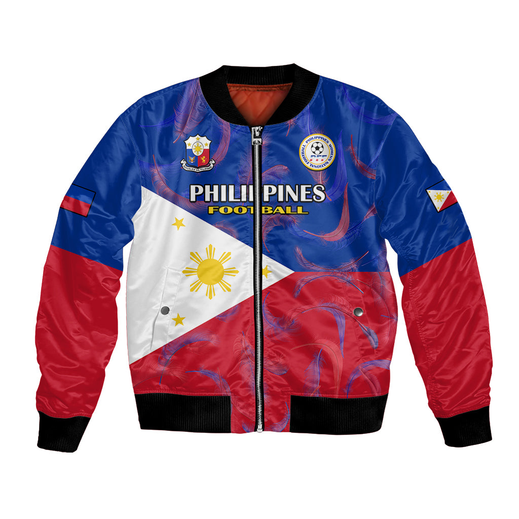 Blue and red bomber jacket with front zipper, ribbed cuffs, and crest graphic
