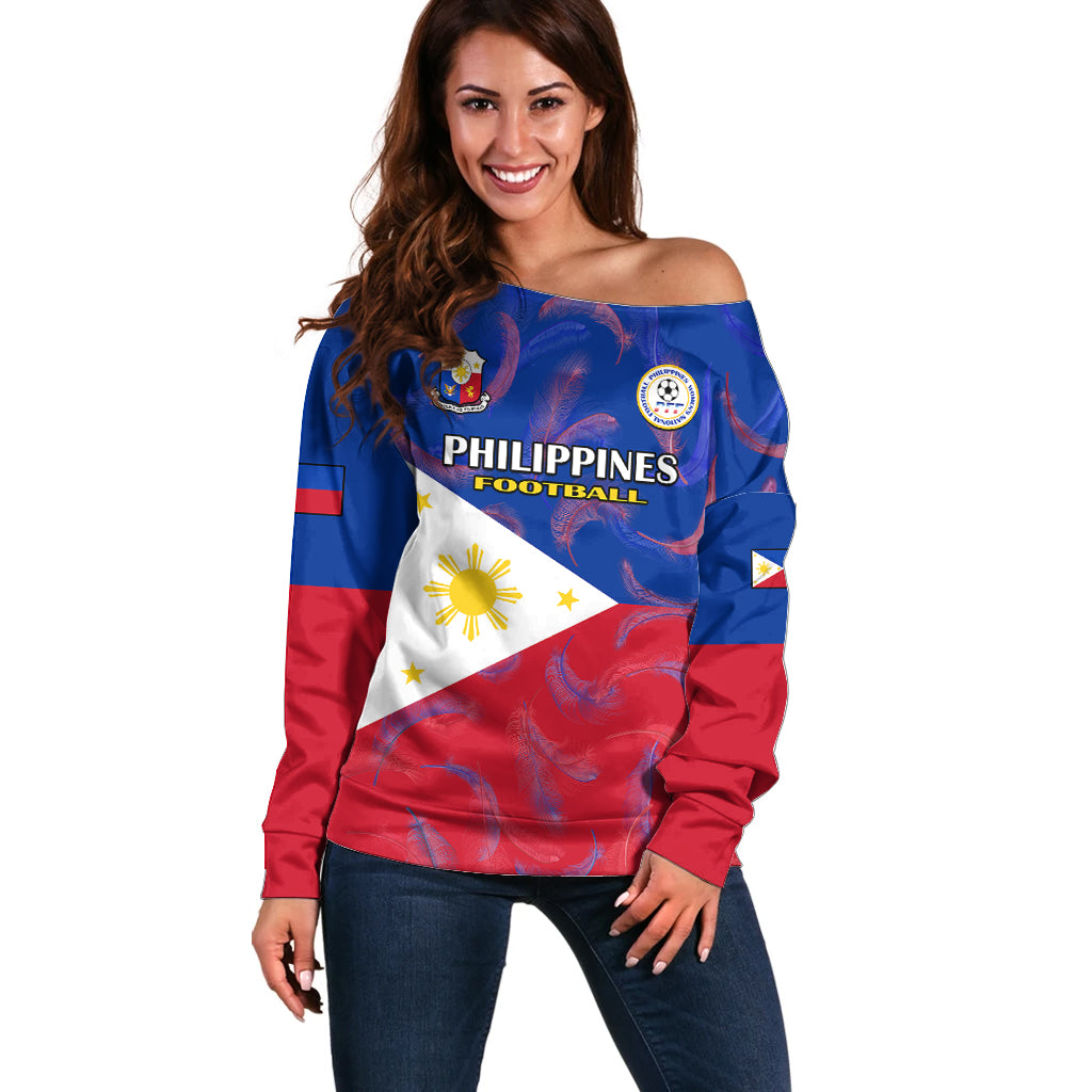 Custom Philippines Football Off Shoulder Sweater 2023 World Cup Go Filipinas Feather Flag Version - Wonder Print Shop