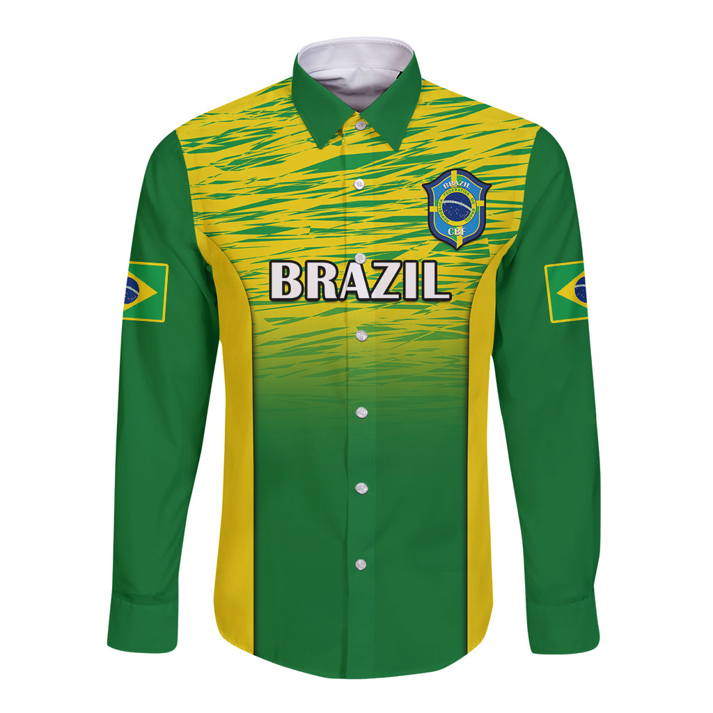 Green and yellow gradient long-sleeve button football shirt with Brazil crest