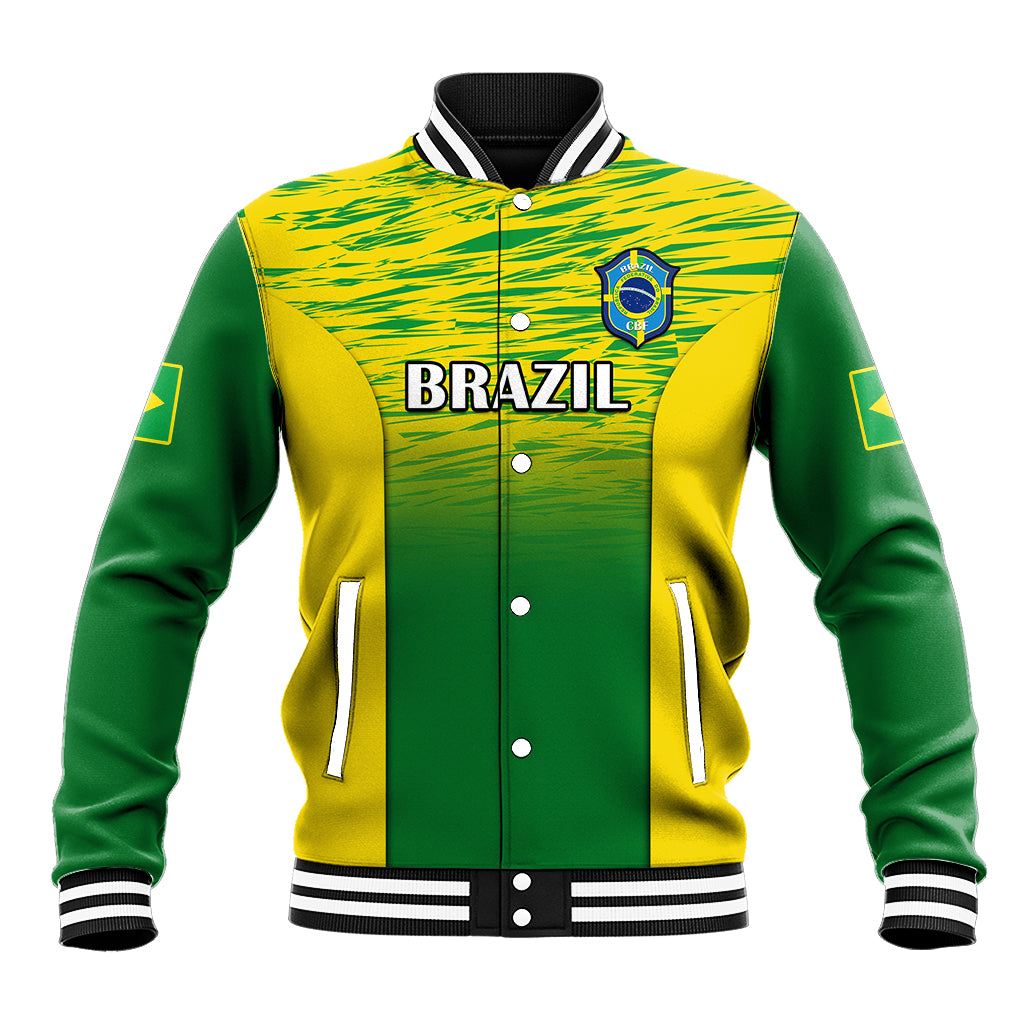 Green and yellow gradient Brazil baseball jacket with striped ribbed collar and front logo