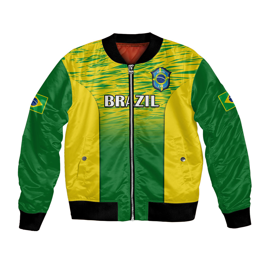 Unisex Brazil gradient bomber jacket, green-yellow satin, zip front, Brazil logo.