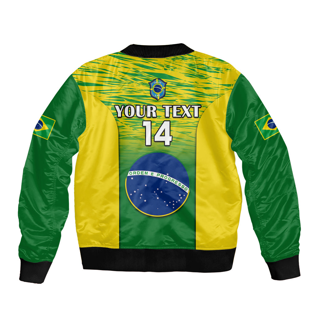 Unisex Brazil gradient bomber jacket back, green-yellow, Brazil crest, YOUR TEXT 14.
