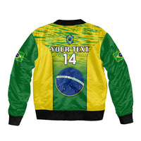 Unisex Brazil gradient bomber jacket back, green-yellow, Brazil crest, YOUR TEXT 14.