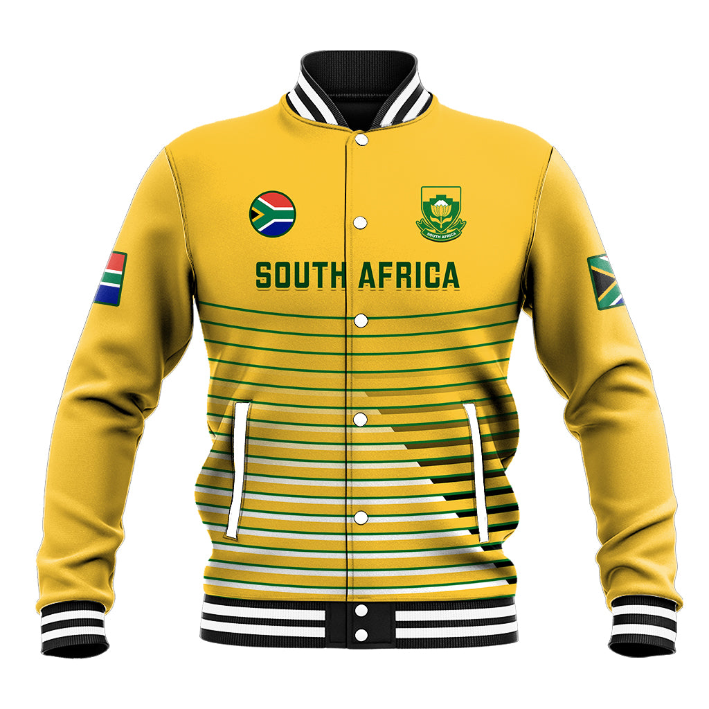 Yellow varsity baseball jacket with snap front, striped trims, South Africa logo