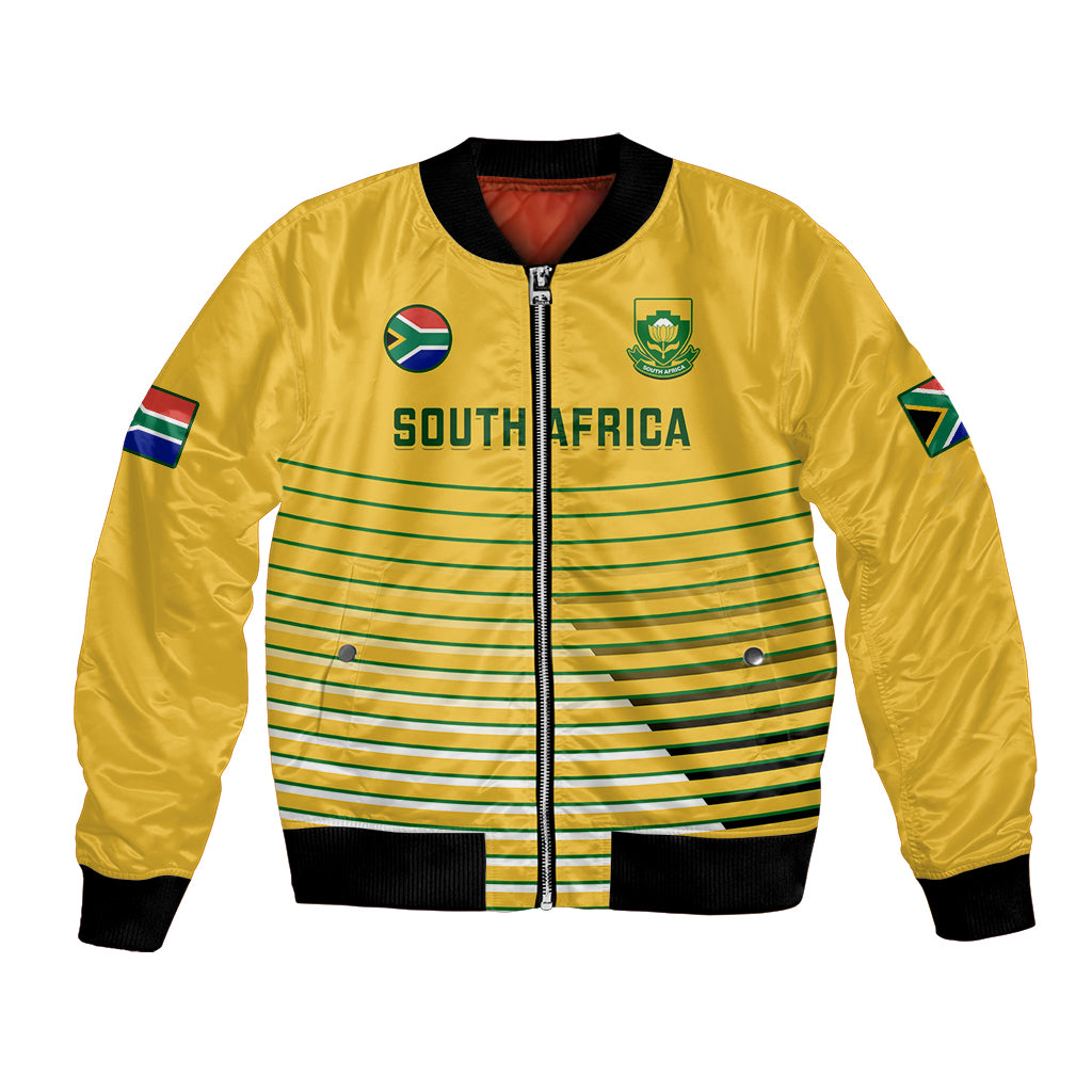 Yellow soccer bomber jacket with front zip, ribbed cuffs, striped panel, crest and sleeve logos