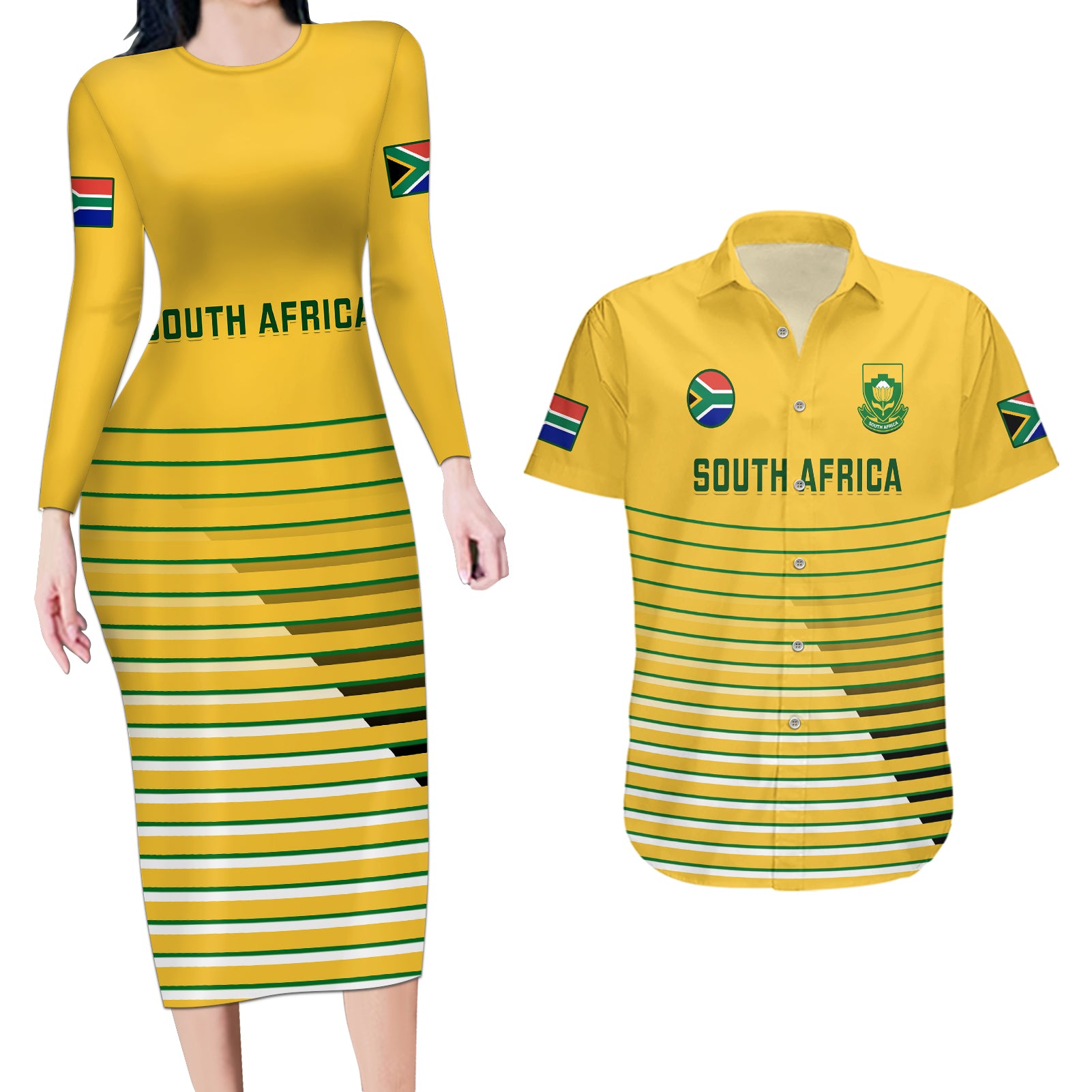 South Africa Soccer Couples Matching Long Sleeve Bodycon Dress and Hawaiian Shirt 2023 World Cup Go Banyana Banyana Yellow - Wonder Print Shop