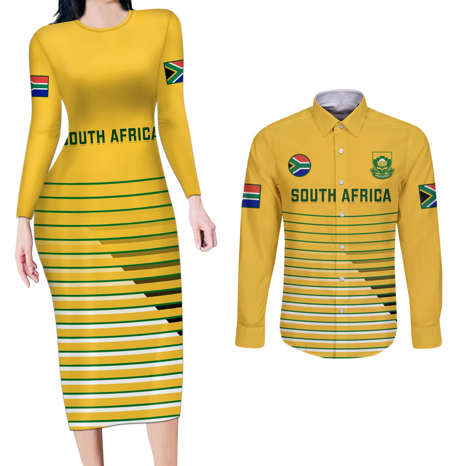 South Africa Soccer Couples Matching Long Sleeve Bodycon Dress and Long Sleeve Button Shirts 2023 World Cup Go Banyana Banyana Yellow - Wonder Print Shop