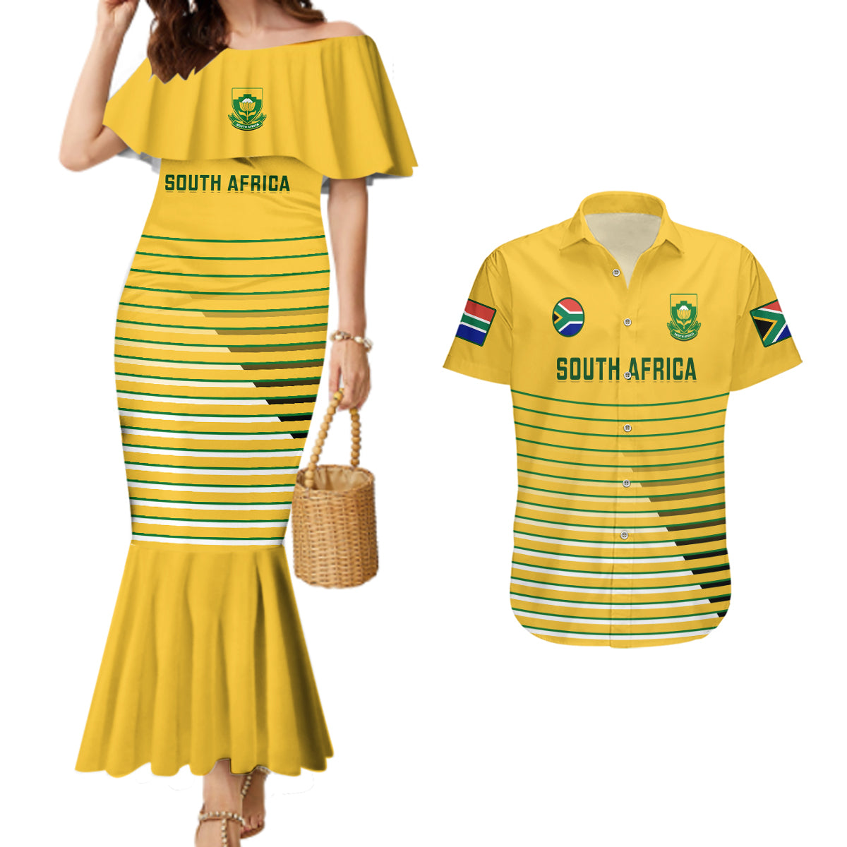 South Africa Soccer Couples Matching Mermaid Dress And Hawaiian Shirt 2023 World Cup Go Banyana Banyana Yellow - Wonder Print Shop