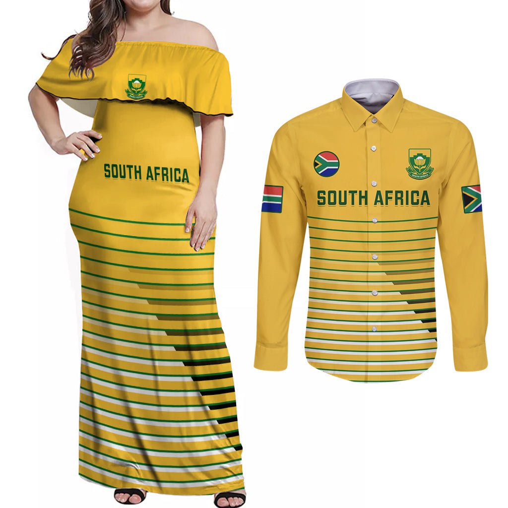 South Africa Soccer Couples Matching Off Shoulder Maxi Dress and Long Sleeve Button Shirts 2023 World Cup Go Banyana Banyana Yellow - Wonder Print Shop