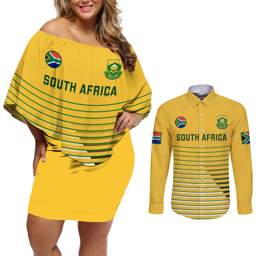 South Africa Soccer Couples Matching Off Shoulder Short Dress and Long Sleeve Button Shirts 2023 World Cup Go Banyana Banyana Yellow - Wonder Print Shop