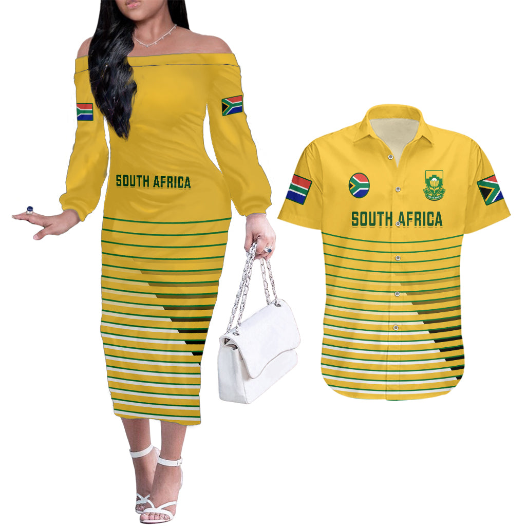 South Africa Soccer Couples Matching Off The Shoulder Long Sleeve Dress and Hawaiian Shirt 2023 World Cup Go Banyana Banyana Yellow - Wonder Print Shop